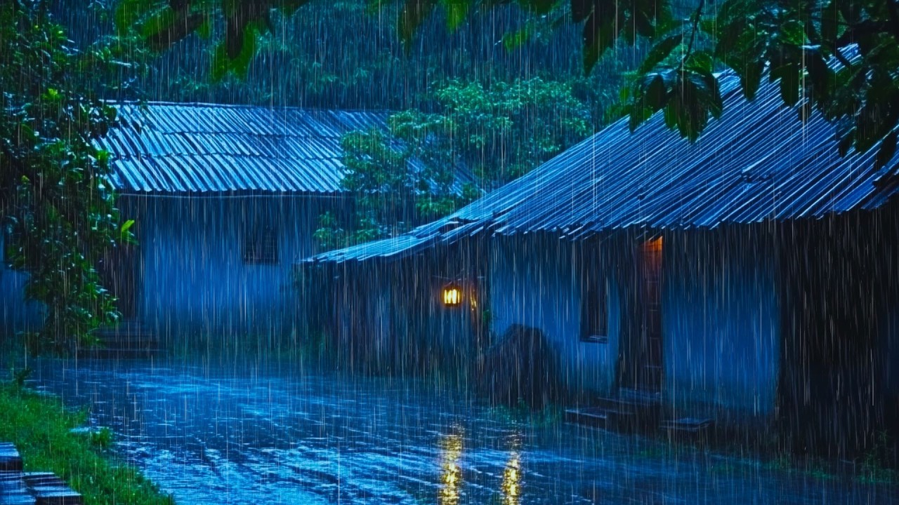 Sleep Instantly with Heavy Rainstorm Covering the Village in the Forest at Night