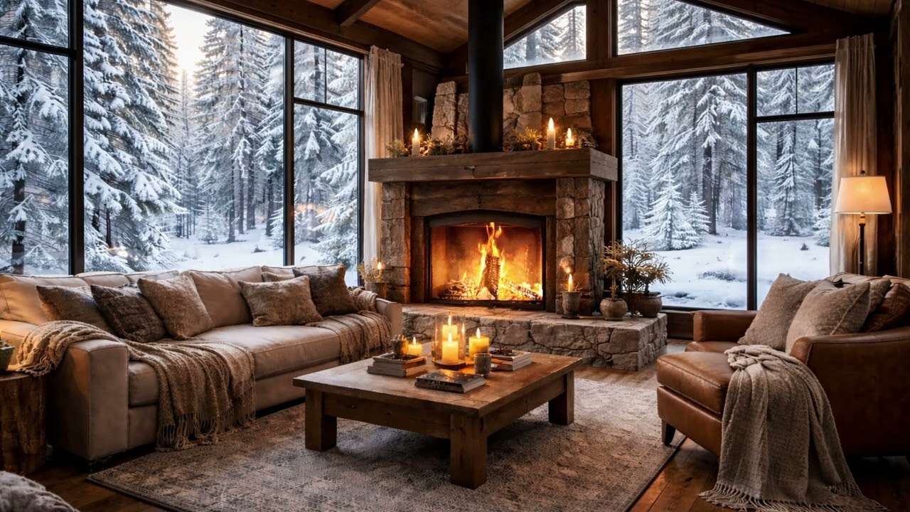 Warm Snowfall Jazz ❄️ Cozy Living Room Atmosphere with Gentle Fireplace Sounds for Focus & Study