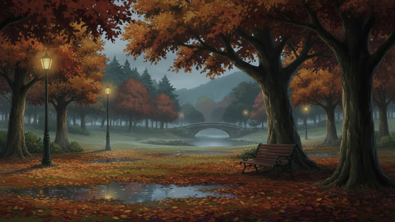 cozy autumn park , warm vintage oldies echoing  through the peaceful evening