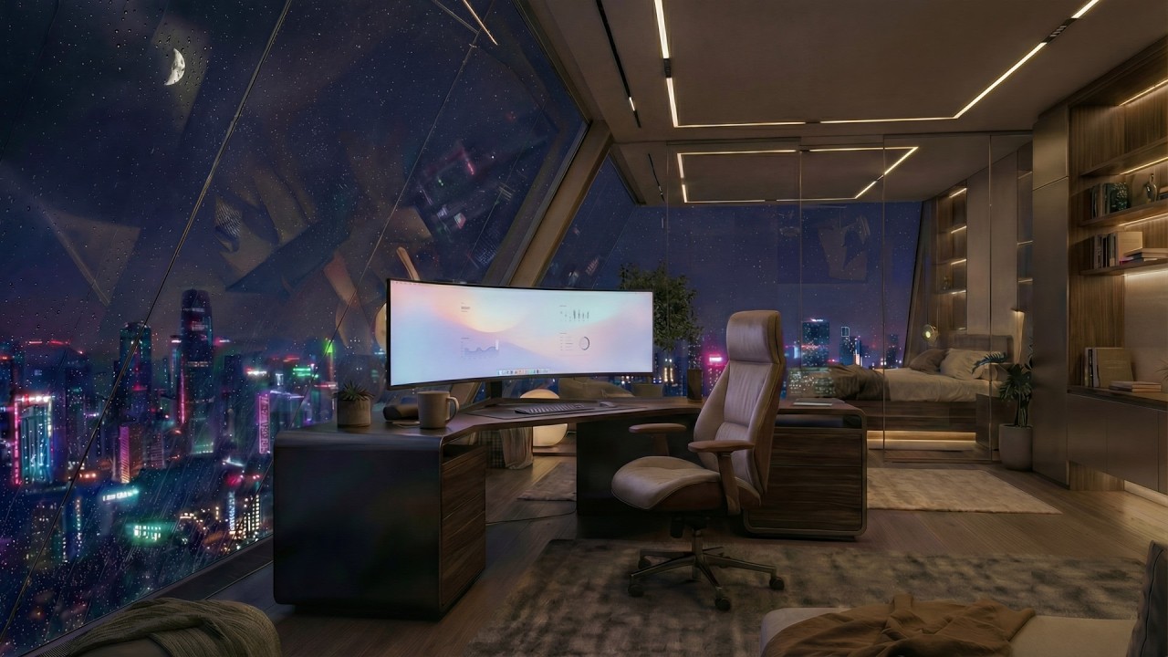 rainy skyline bedroom workspace — calm ambient focus music | Glowroom Radio