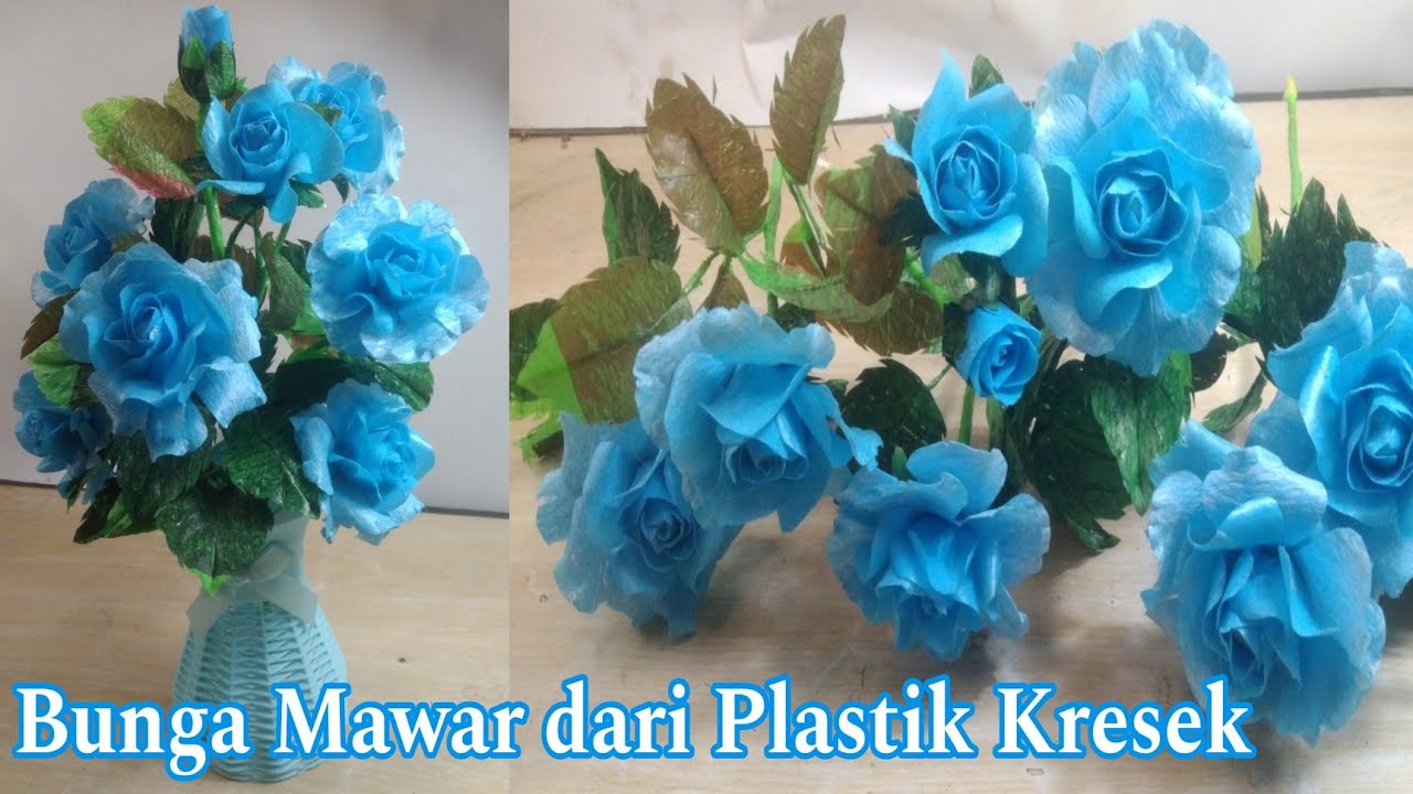 DIY//Tutorial Bunga Mawar Biru Hias Meja dari plastik kresek