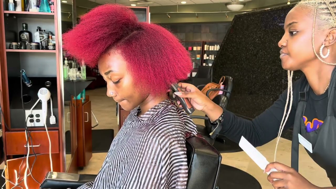 Natural hair bob blunt cut with Rihanna (Loud) Red Hair color using Hanzo shears and wahls trimmers 