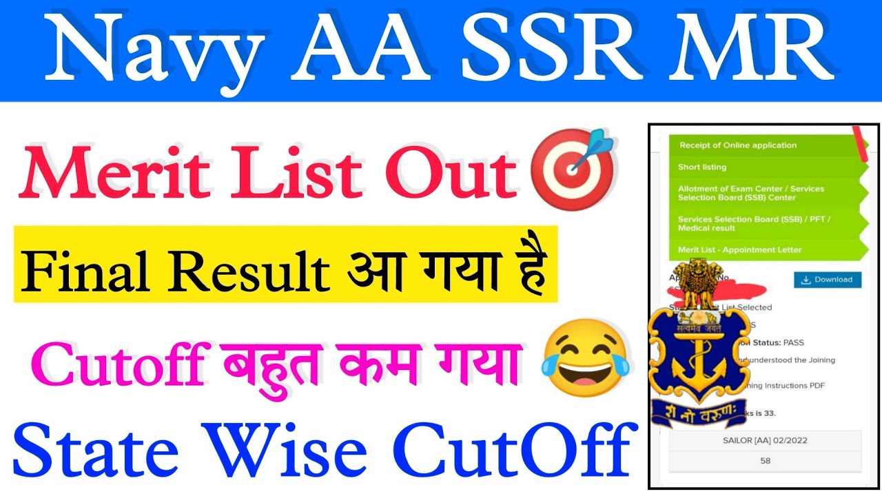 Navy AA SSR Final Merit List Out | Cut Off Marks State Wise क्या रही | 🔥🎯🎯