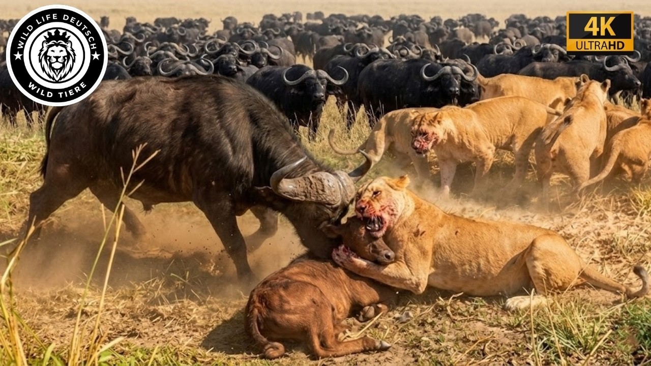 L&ouml;we vs. Kaffernb&uuml;ffel: Ein Fehler &ndash; sofort heftiger Gegenangriff #Tierwelt | Tierdokumentation