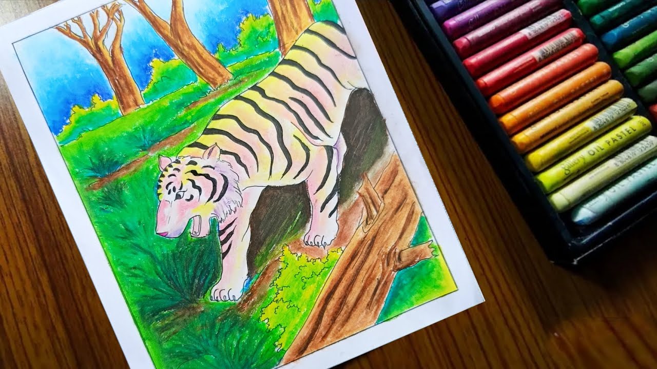 How to Draw Tiger Scenery Drawing / Tiger Drawing Scenery / Sundarban Scenery Drawing for Kids