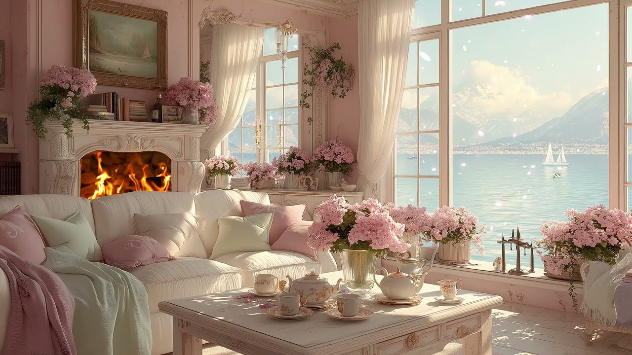 🔥🌸 Healing Spring Piano | White Lounge, Flowers & Crackling Fire | 3 Hours Mental Calm Study Relax