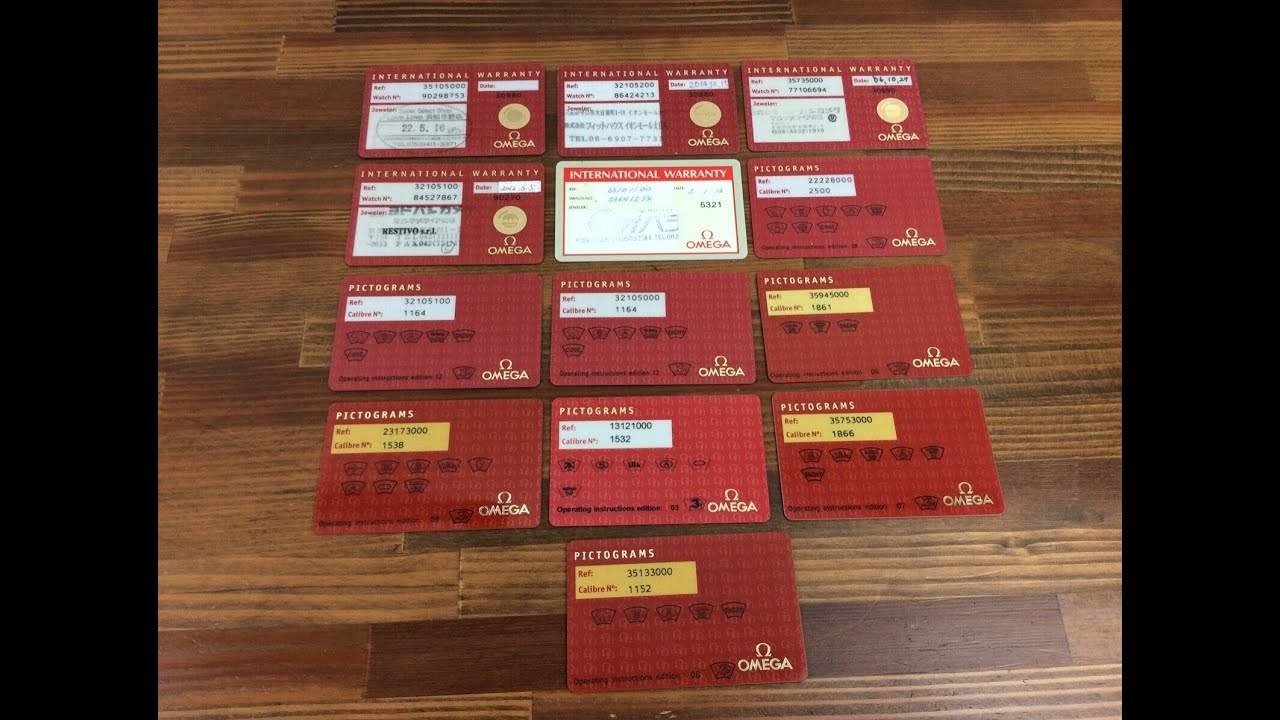 Omega Pictograms & International Warranty ID card set of 13