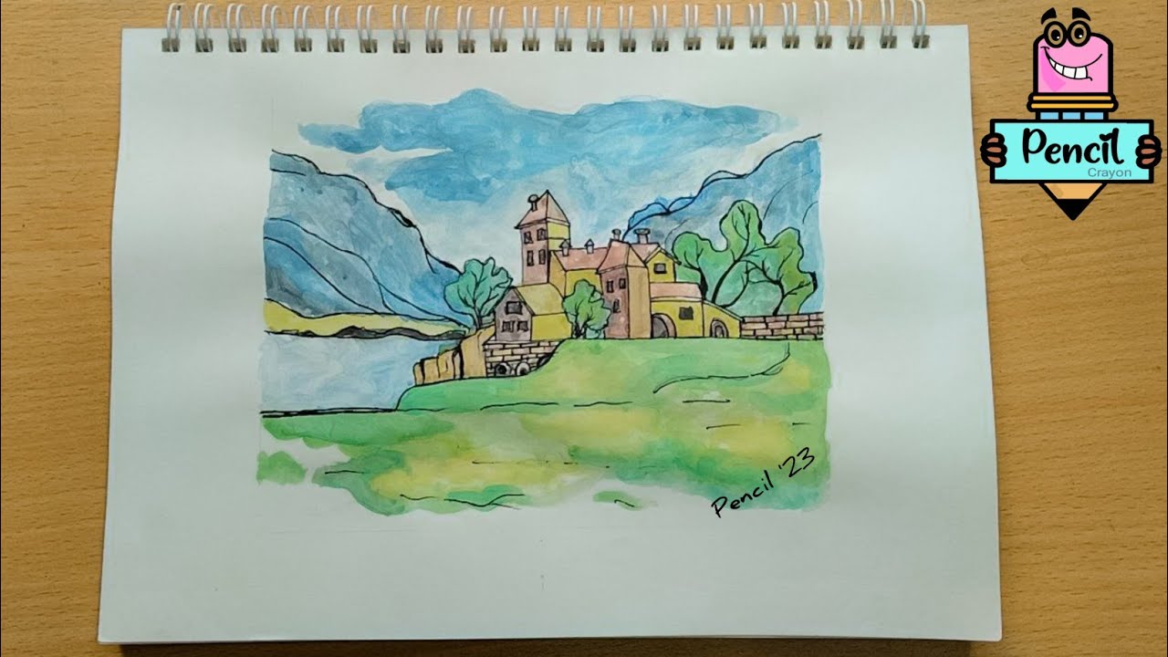 Scenery Drawing Easy with Watercolour for Beginners | Step by Step Landscape Drawing