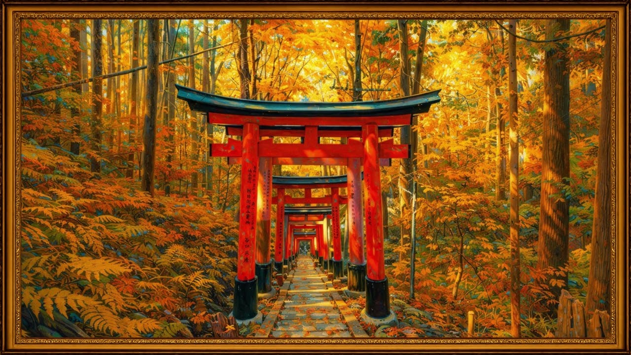 Autumn in Japan 🍁 | Magical Torii Gate Path in a Golden Forest | 4K Framed TV Art Screensaver