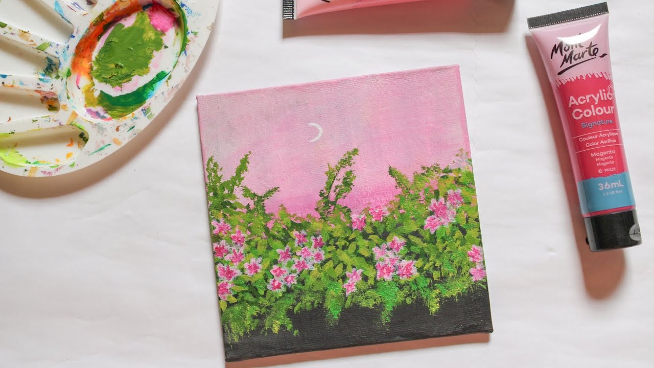 Bougainvillea flower painting on mini canvas || Easy acrylic flower painting for beginners 