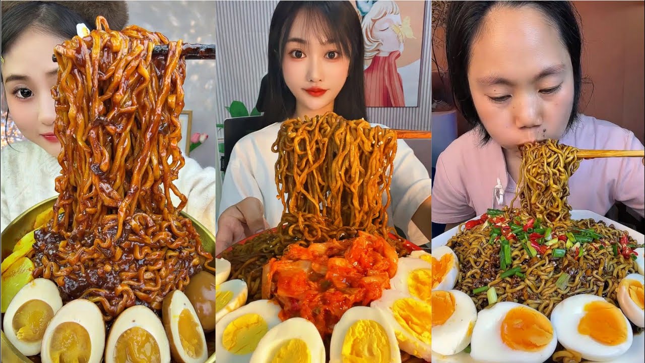 ASMR 먹방 EATING BLACK BEANNOODLES and EGG chewy sounds SiyahFasulyeli Erişte Yeme Mukbang