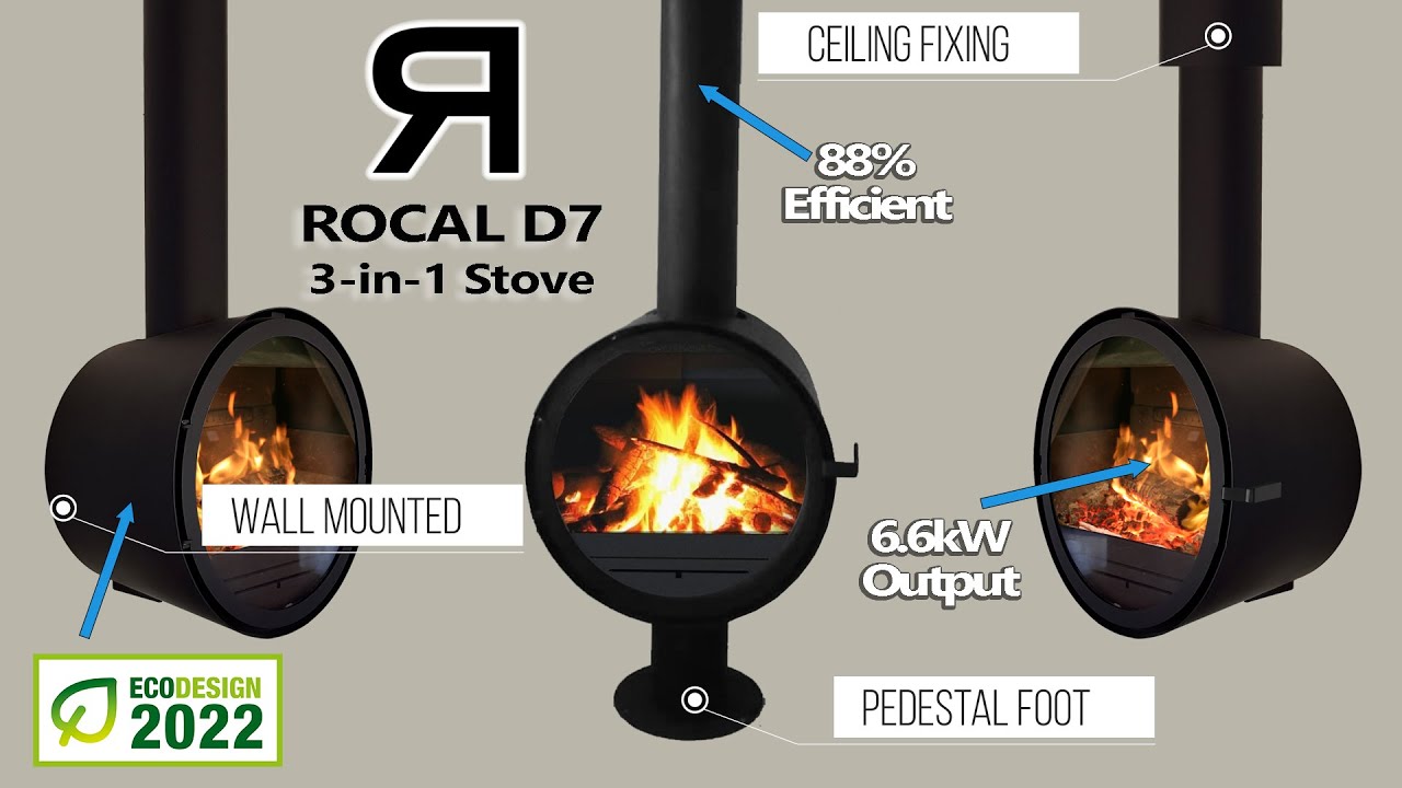 Rocal D7 Wood Stove - 3-in-1 Wall Fire | Suspended | Pedestal