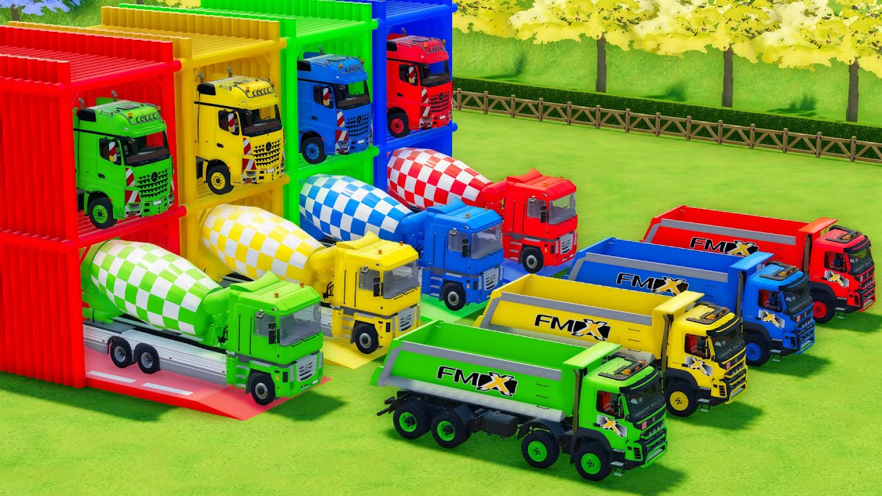 Garage with Colors - ALL MIXER TRUCK WITH DOUBLE FLATBED TRAILER TRUCK, MERCEDES, RENAULT, VOLVO