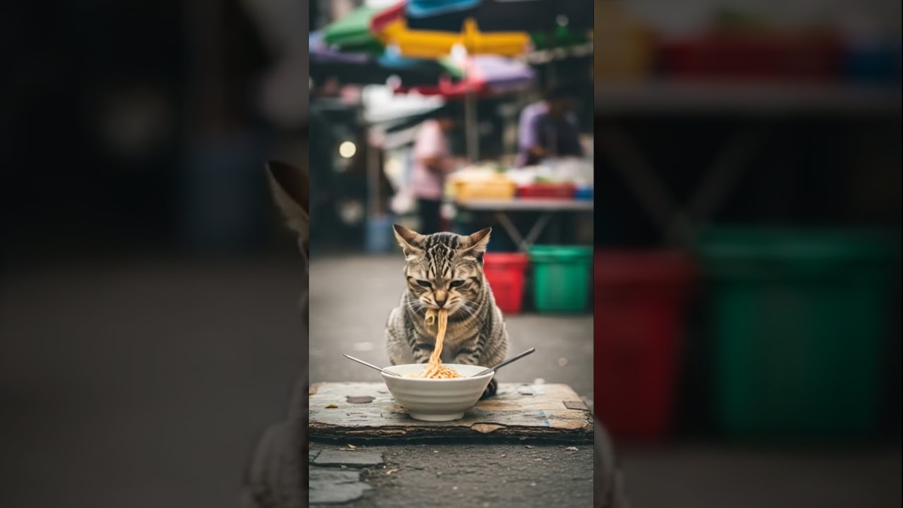Cut cat sad to eat food in road market 