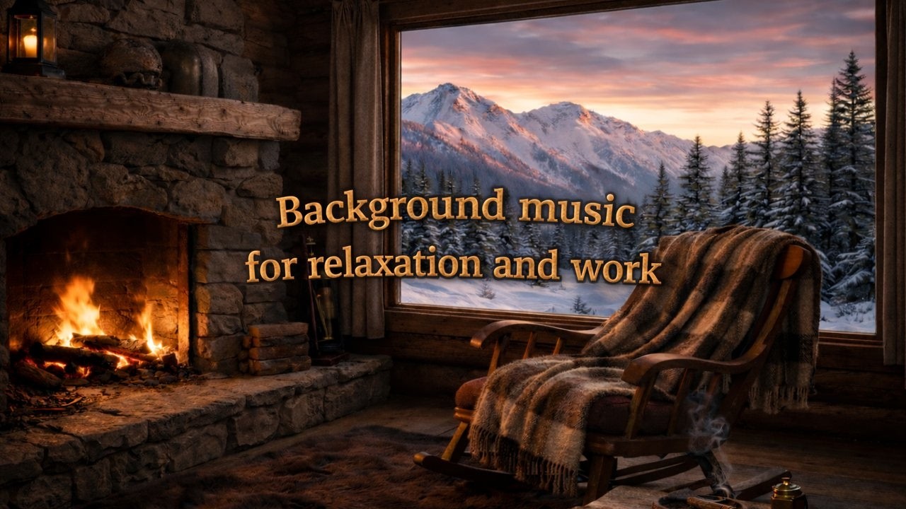 A cozy fireplace in the mountains. Background music for relaxation and work. Relaxation.