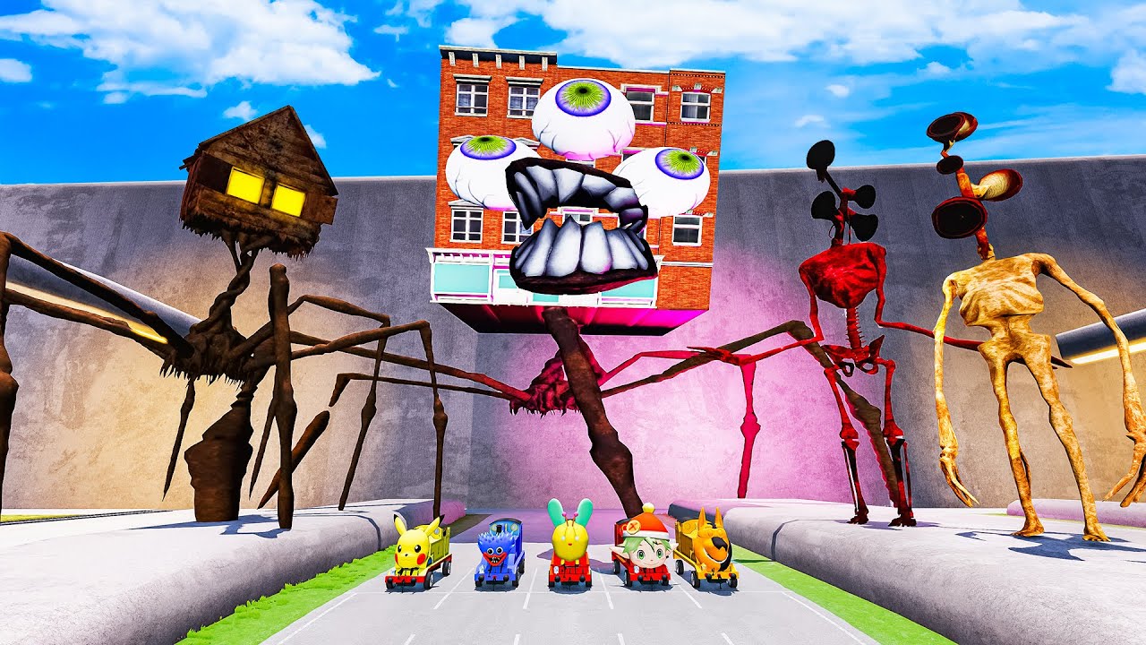 ALL MONSTERS Big & Small Cars Downhill with SPIDER HOUSE HEAD & SIREN HEAD MONSTER _ BeamNG.drive