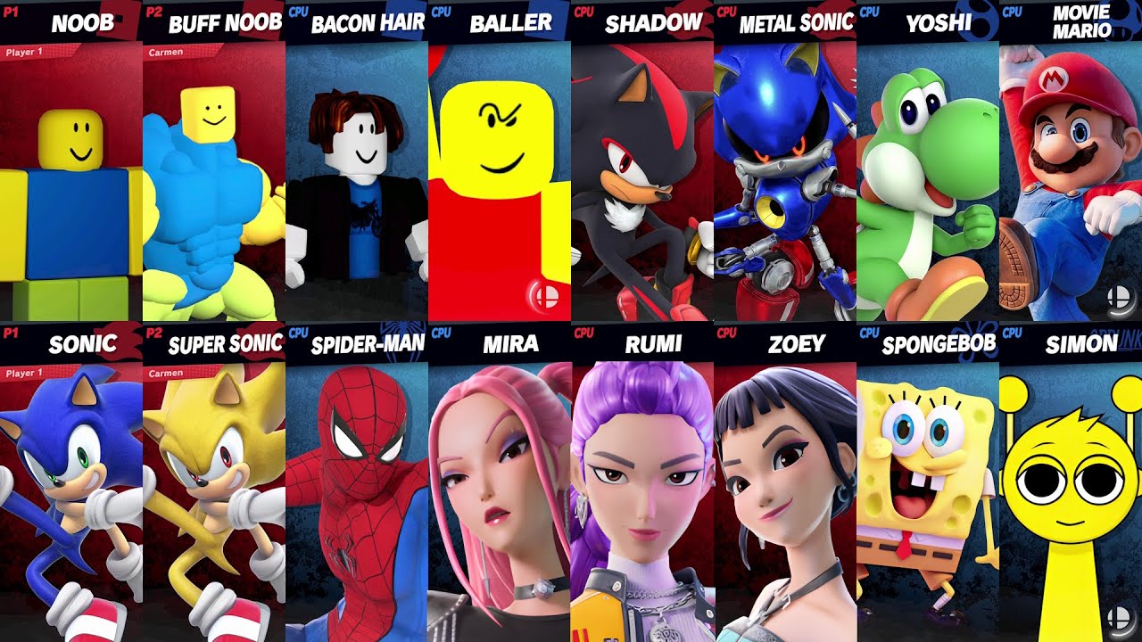 Sonic vs Mario vs Spider-Man vs SpongeBob vs KPop Demon Hunters vs Roblox vs Fortnite | Smash Bros