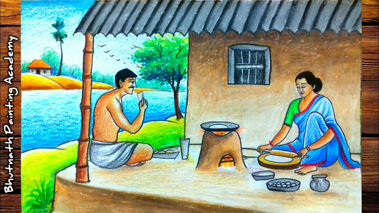 oil pastel color scenery drawing easy||village nature ||human figure