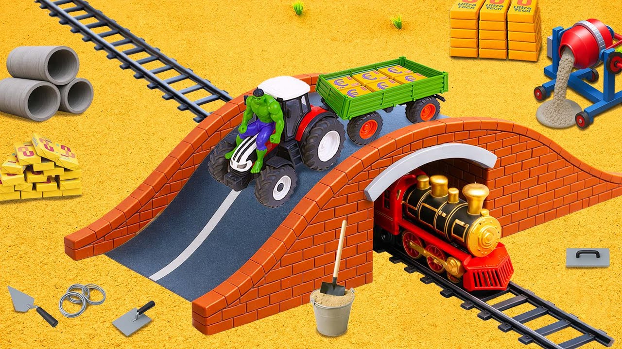 DIY Mini Tractor Builds a Brick Ramp Bridge Over Railway for Steam Train | Science Project