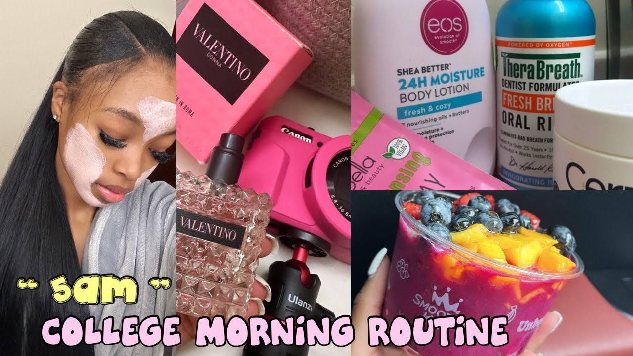 MY 5AM COLLEGE MORNING ROUTINE: grwm + skincare/hygiene + outfit + smoothie bowl