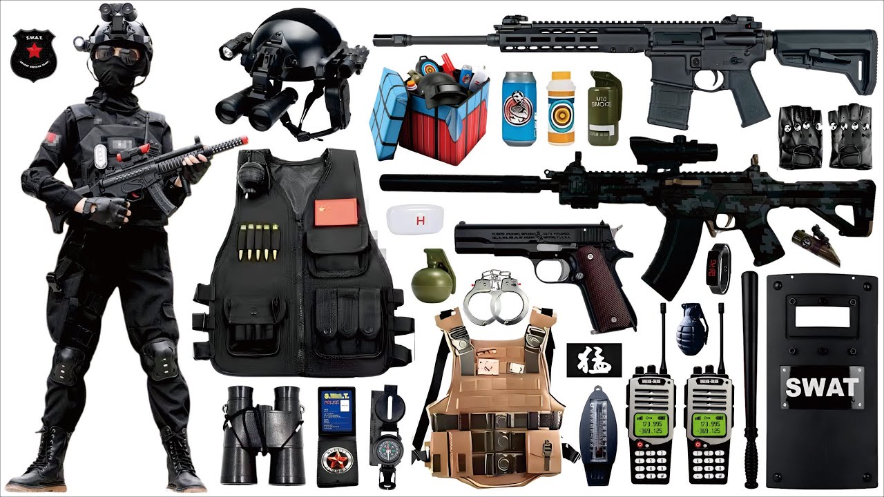 Unpack and collect toy guns, QBZ191 automatic rifle, M416 assault rifle, and Colt M1911 pistol