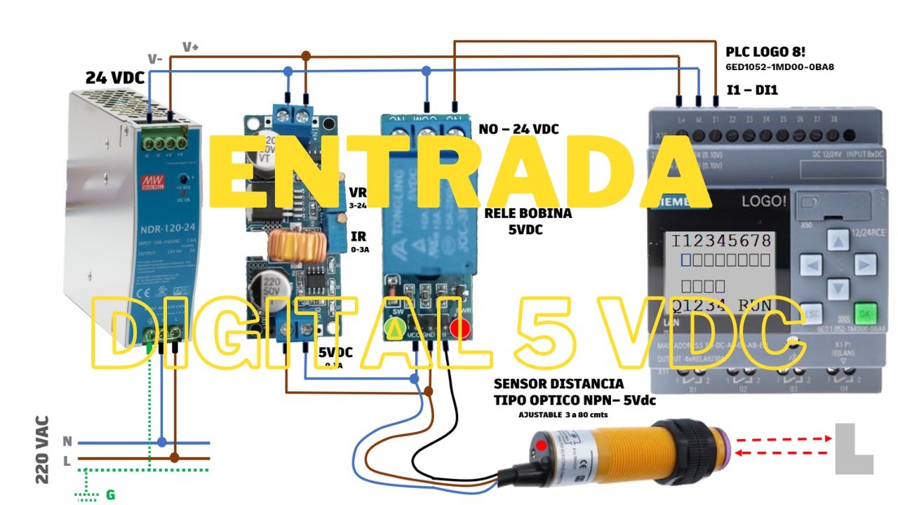 6.1# Cableado Sensor de Distancia Tipo OPTICO 5 VDC a la Entrada Digital 24 VDC del PLC LOGO 8!