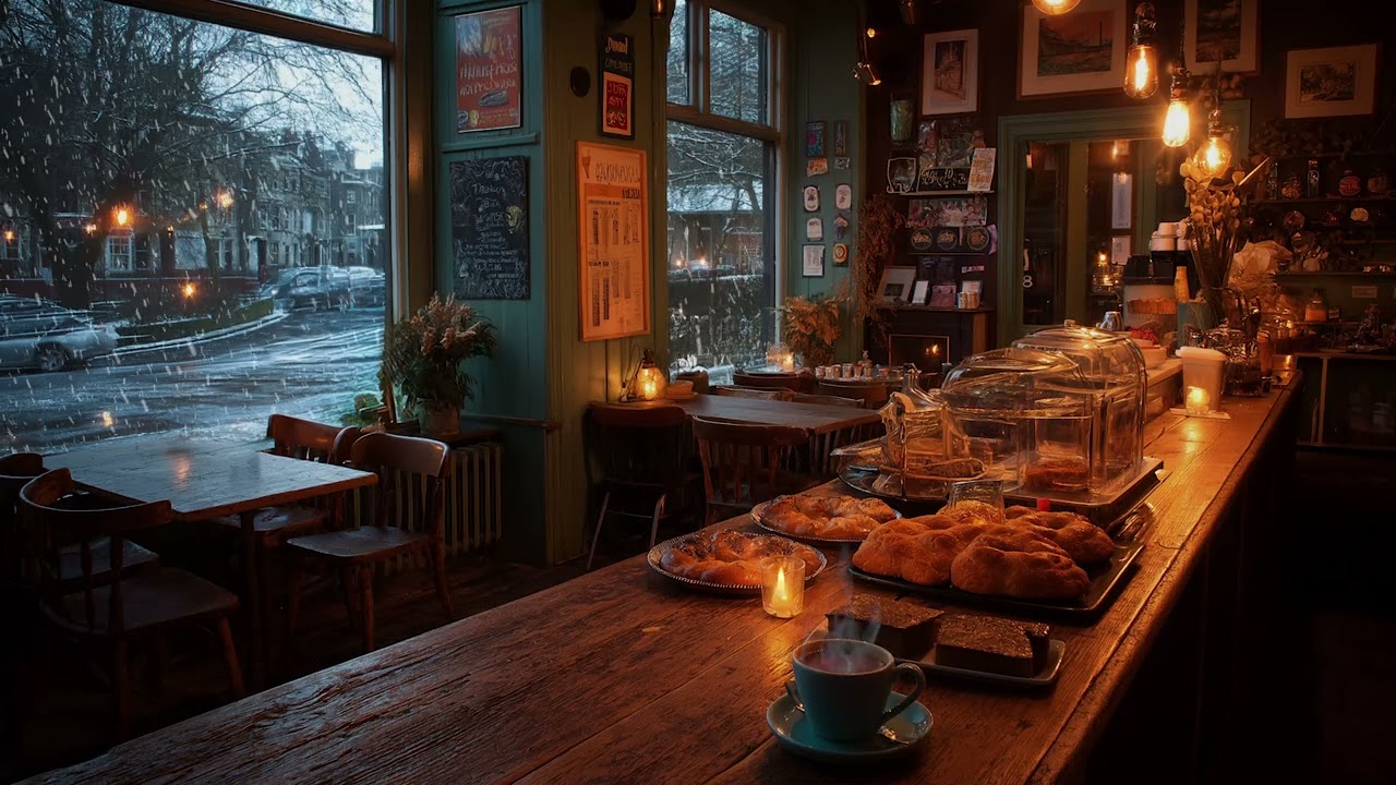 Peaceful Coffee Shop in Winter with Snow Outside and Soft Piano for a Calm Night and Focus