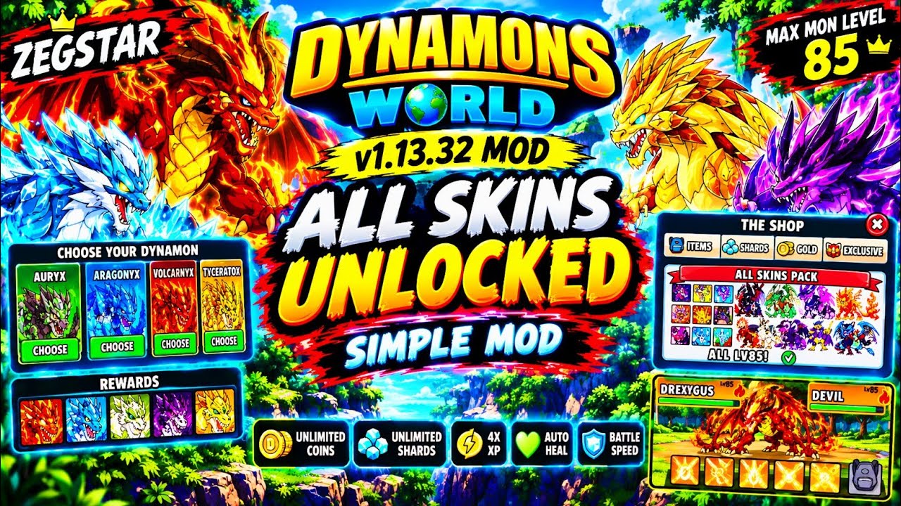 Dynamons World v1.13.32 MOD APK | All Skins + Max Mon Level 85 + Unlimited Coins & Shards 🔥