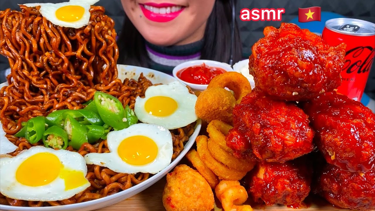 ASMR MUKBANG BLACK BEAN NOODLES, SPICY FRIED CHICKEN, CHEESE BALLS, FRIES, EGGS Eating Sounds