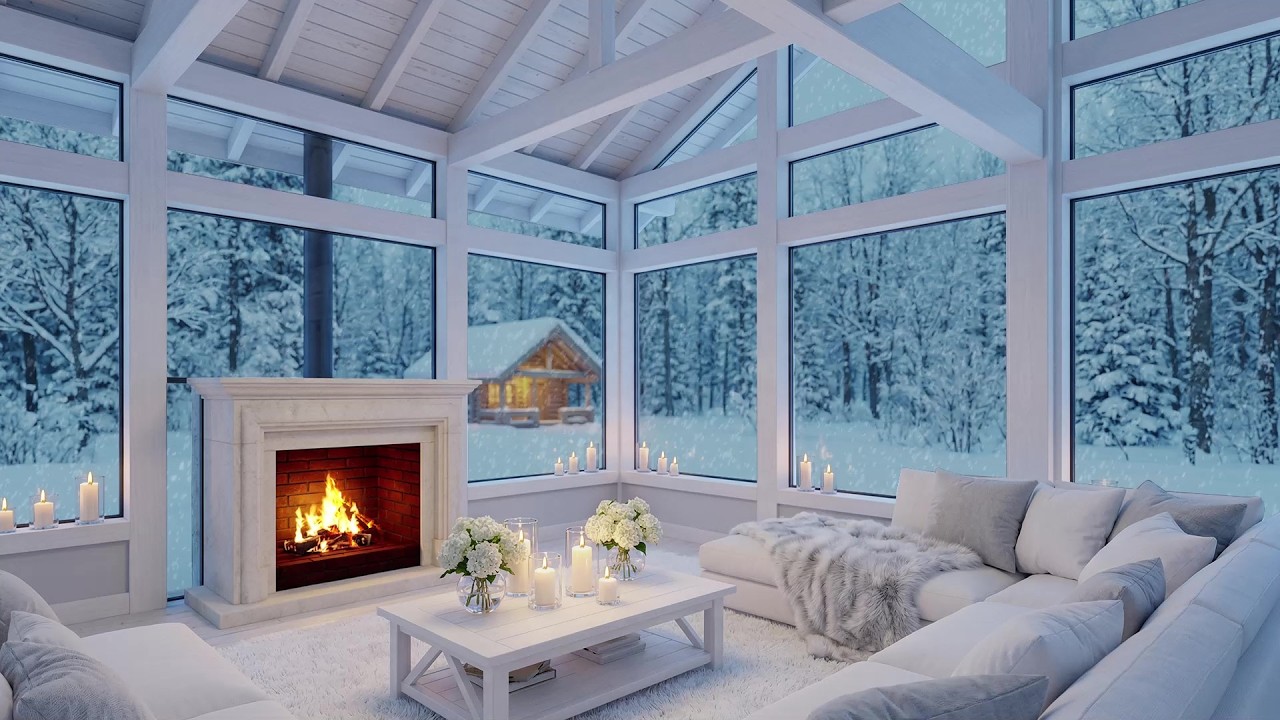 🔥🎹 Cozy Hearth Piano Escape | Snow Drifting Outside & Elegant Pale Flowers | Quiet Restful Nights
