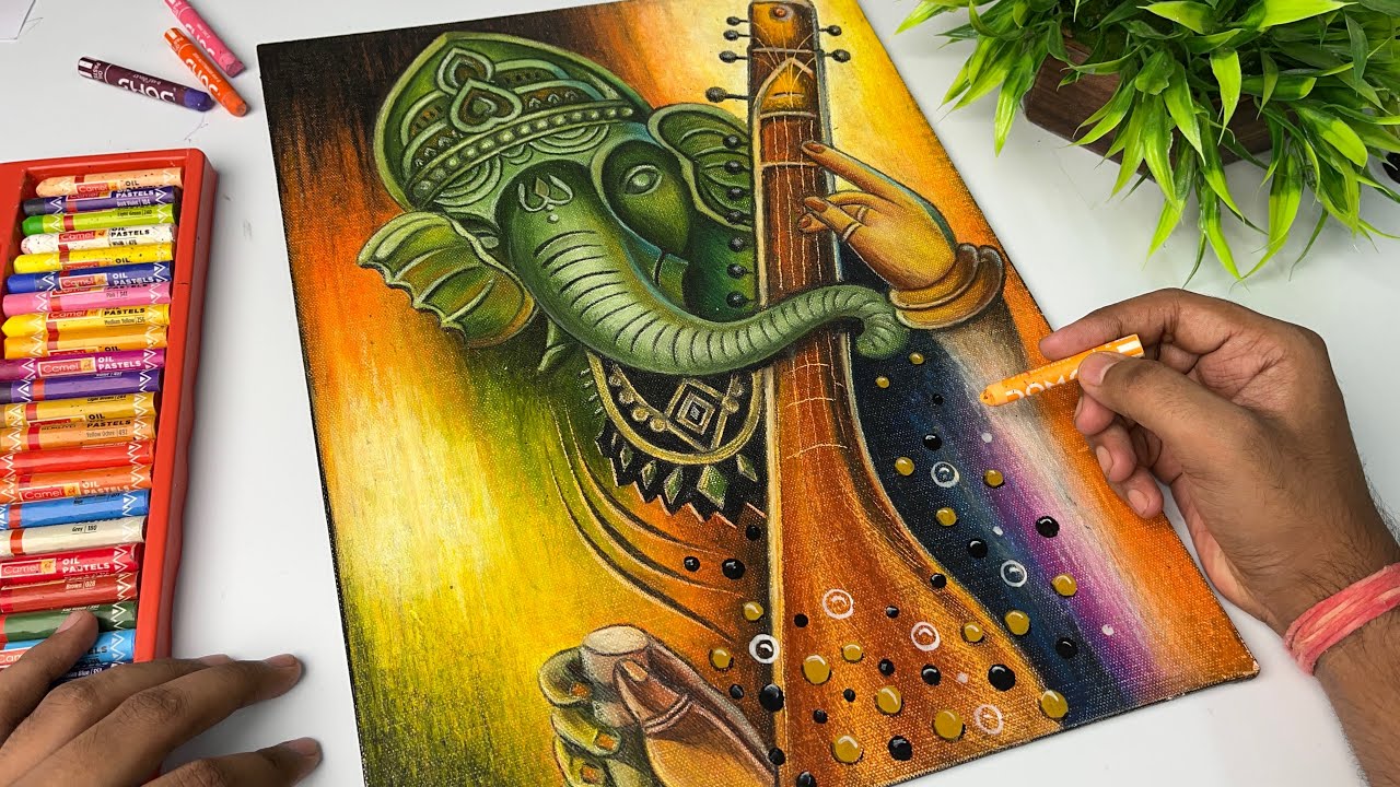 Lord Ganesha drawing,  Oil pastel drawing on Canvas
