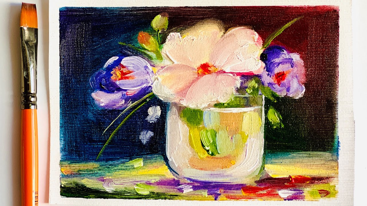 How to Paint Simple and Beautiful Flowers in the vase? Easy Oil Painting Tutorial for Beginners 🌹