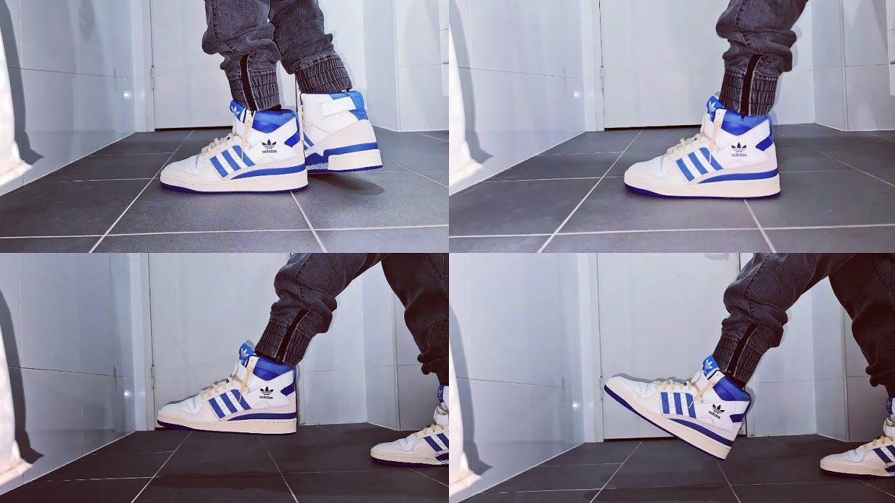 Adidas OG Forum 84 Hi white blue on feet