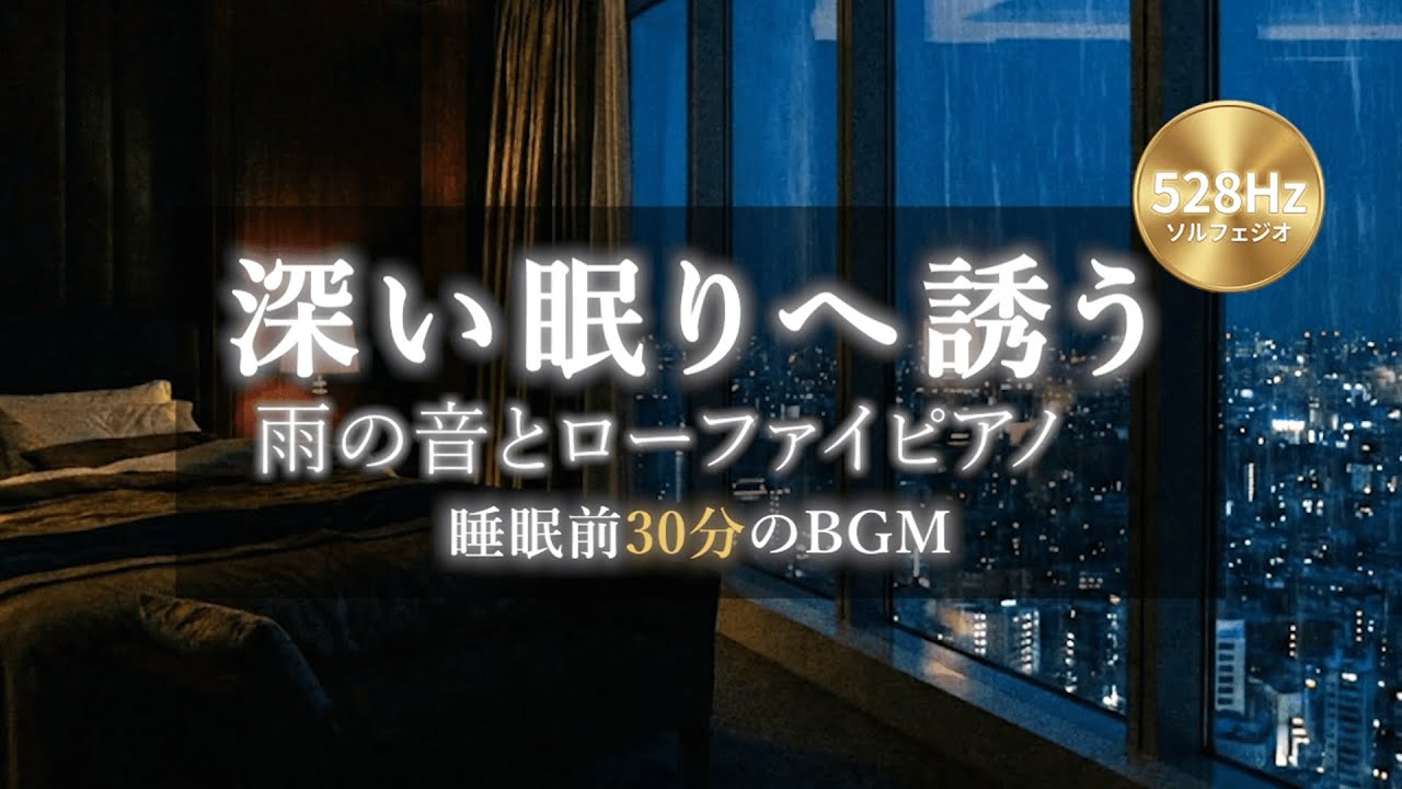 雨の音とローファイピアノ｜深い睡眠BGM｜528Hz ソルフェジオ周波数｜30分
