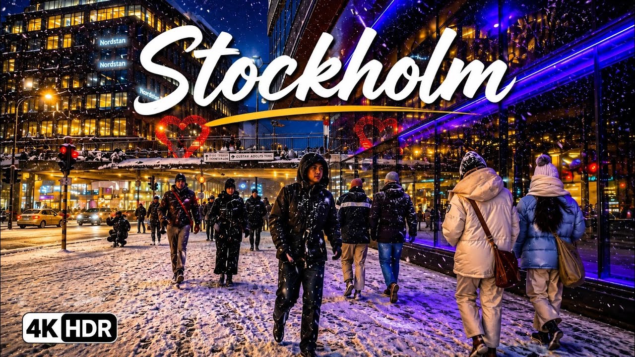 Sweden in 4K HDR : Heavy Snow in Stockholm City Center | Magical Night Walk & Ice Skating!