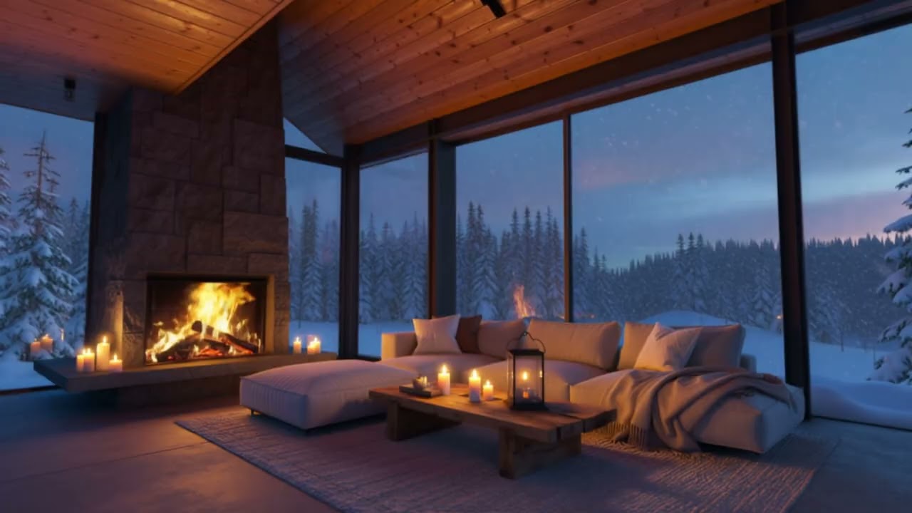 Warm Cabin Fireplace While Snow Falls Outside ❄️ Relaxing Winter Night Ambience | 8 hours