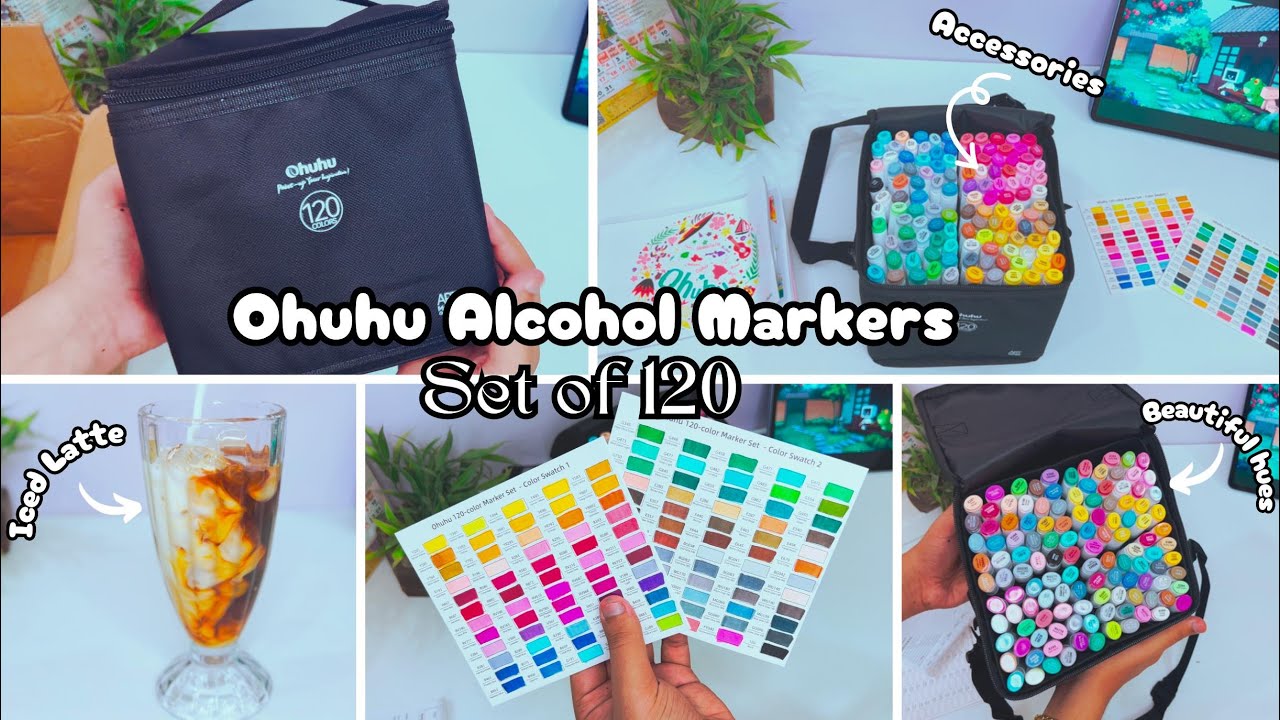 Ohuhu Alcohol Markers (120) unboxing 📦 + Iced Latte🧊| Mocha Doodle |🩵🩵