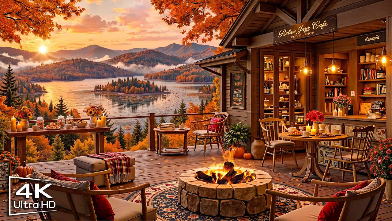 Relaxing Autumn Jazz at Cozy Porch Ambience 🍂Smooth Jazz Instrumental & Fireplace Sounds for Working