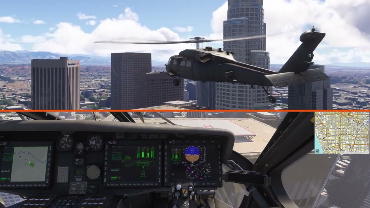 MSFS2024 Miltech Simulations MH60 Black Landing on a rooftop pad in Los Angeles