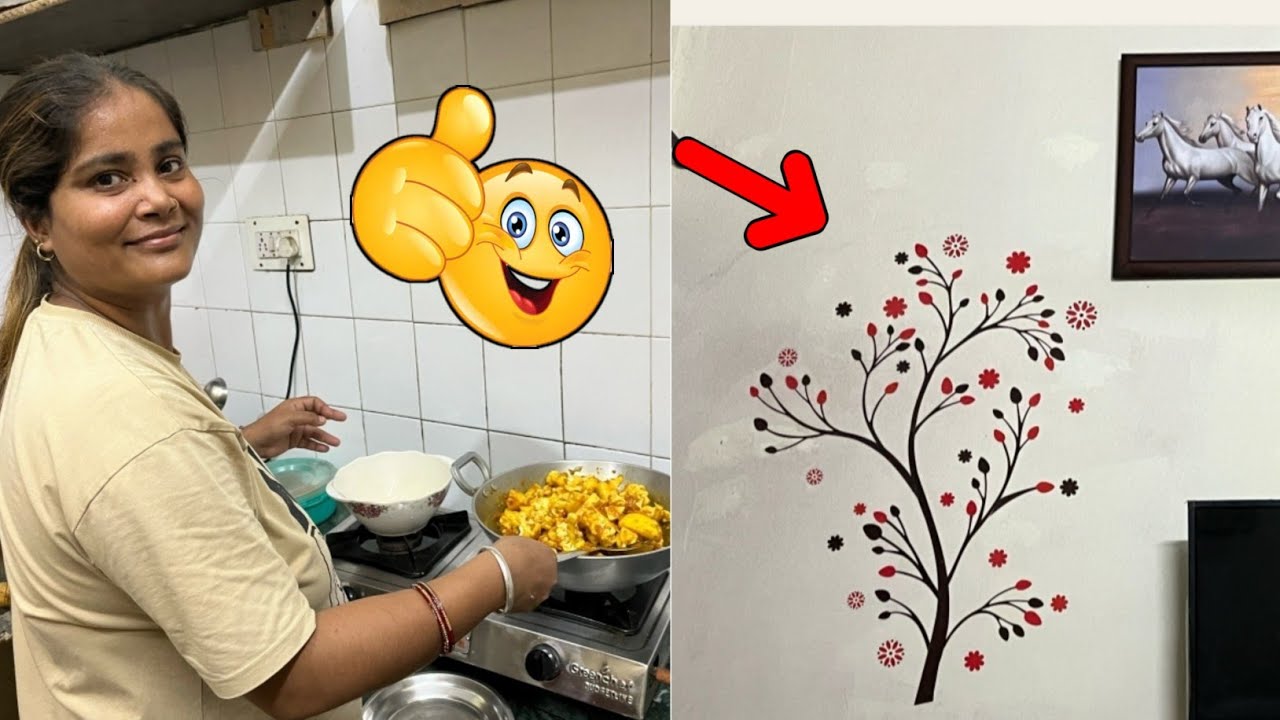 Aj Mai banayi husband di favorite alu gobhi 😋 husband ne lagaya wall sticker ❤️