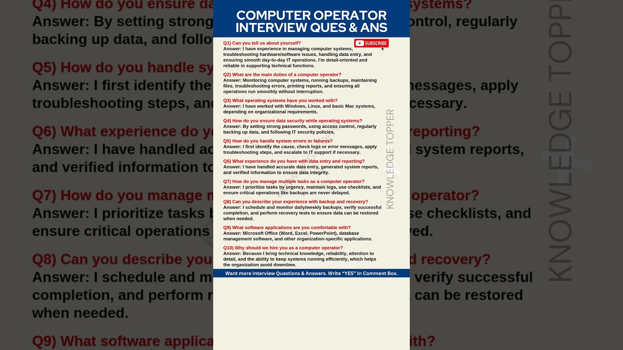Computer Operator Interview Questions and Answers | Computer Operator Job Interview