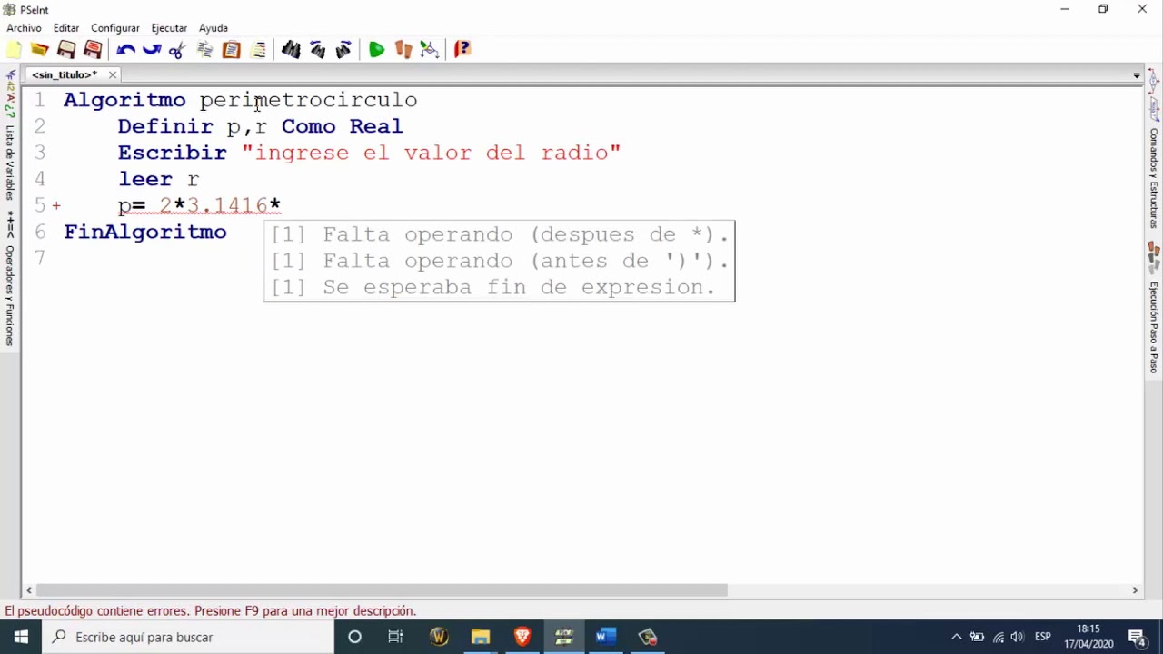 8.2 Pseudocódigo perímetro de un circulo (en Pseint)