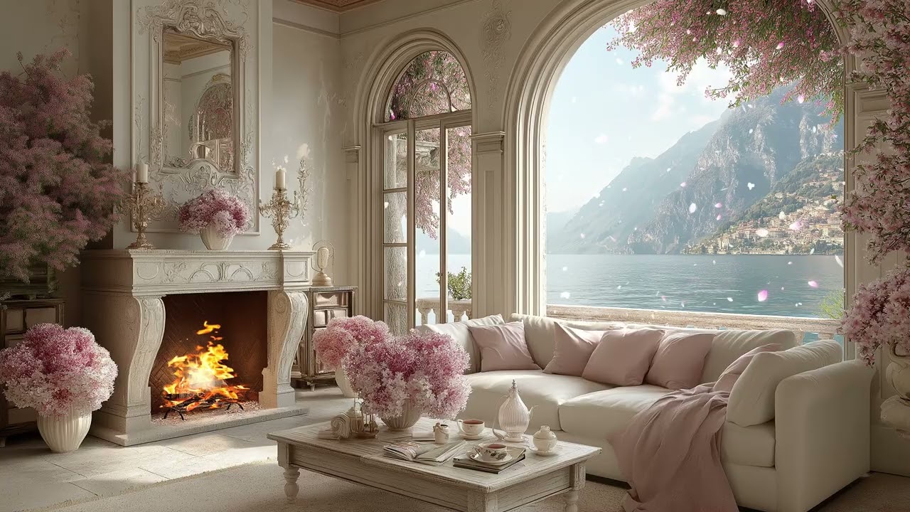 ✨Spring Serenity Piano Lounge | White Lounge & Fireplace (3 Hours) | Calm Focus Study Stress Relief