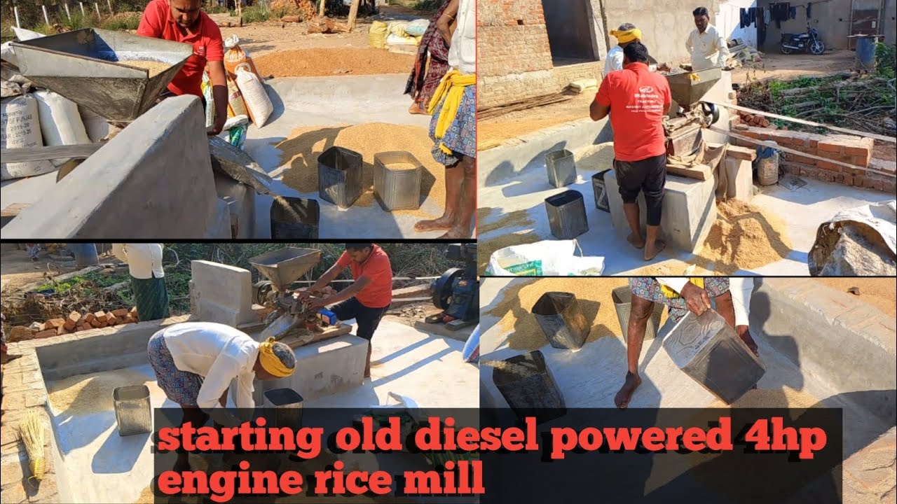 Starting old diesi power 4hp  engine rice mill  dhaan ko chawal banana rice mill 