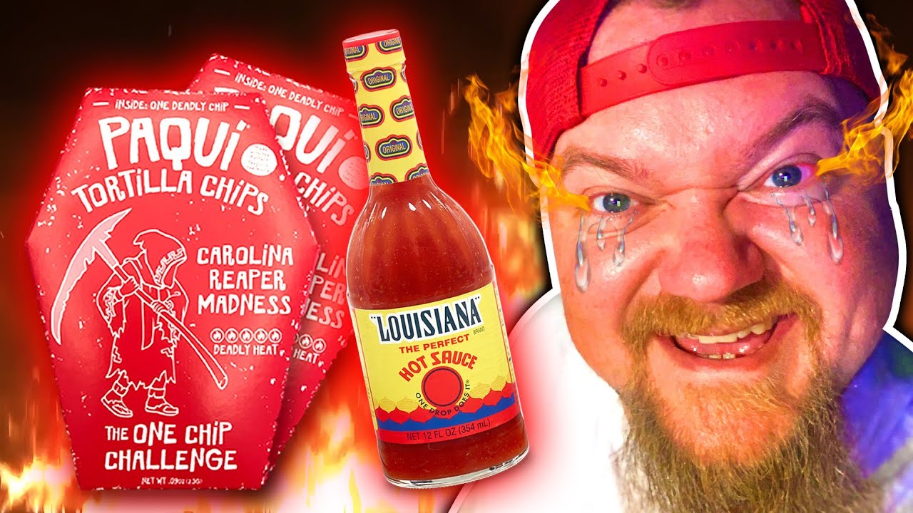 Redneck eats 2 Paqui worlds hottest chips with Louisiana hot sauce !!!