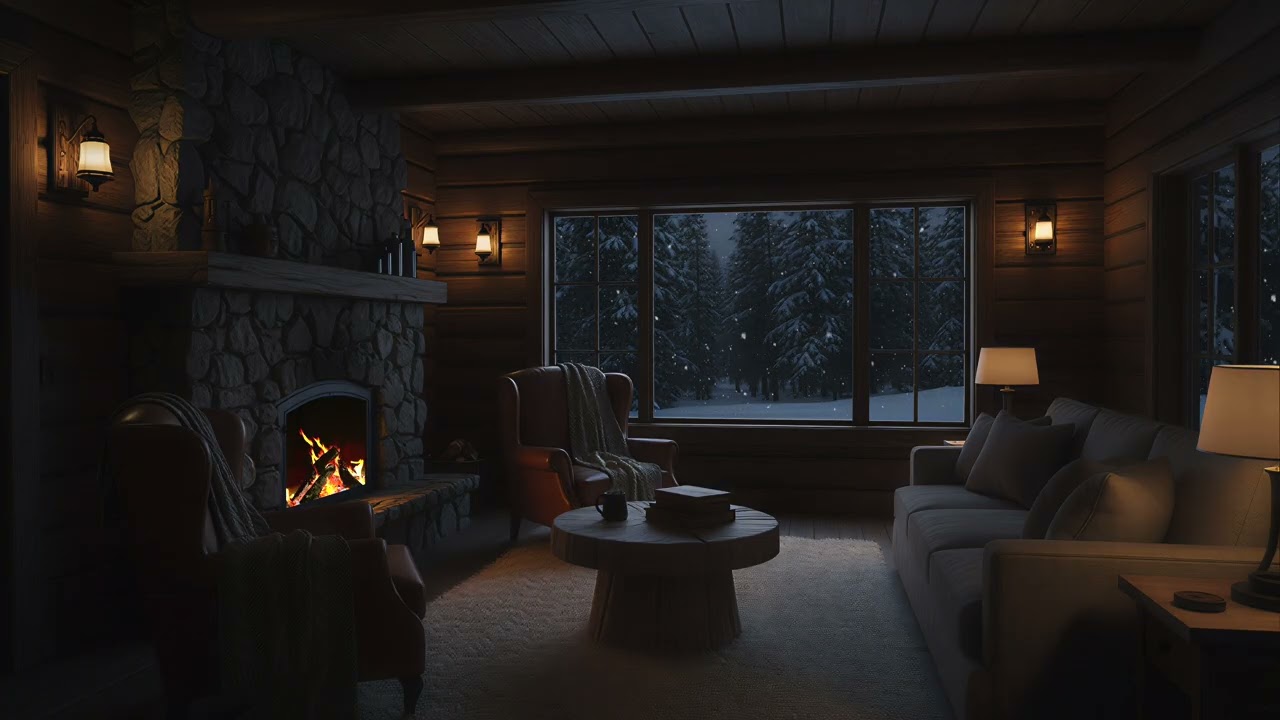 Quiet Winter Night in a Snowy Forest Cabin | Crackling Fireplace & Soft Wind Ambience