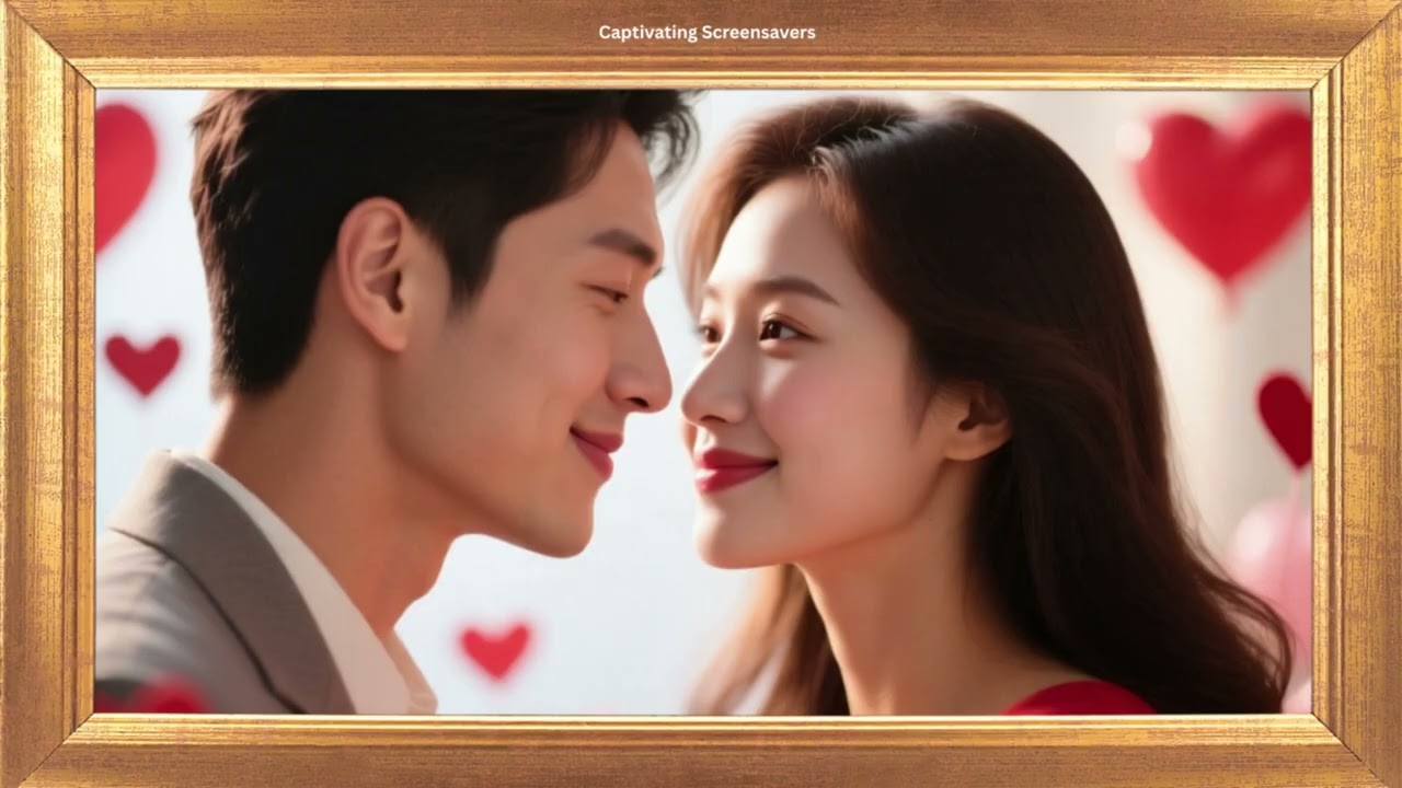 Asian Young Couple Gazes Lovingly at Each Other | Gold Frame Love Animation Loop | | No Sound
