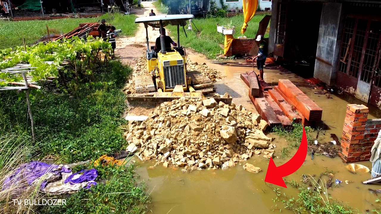 WOW!! Full Video Project EXPANDING ROAD FLOOD By Best D20P DOZER Pushing Soil, Stone, Truckload Soil