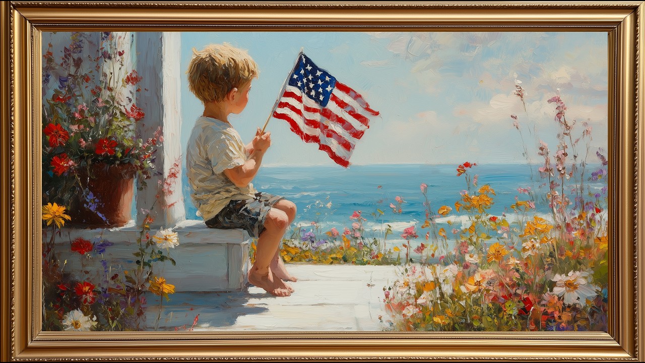 Americana Boy with Flag | 4K Frame TV Art | Patriotic Coastal Oil Painting Screensaver