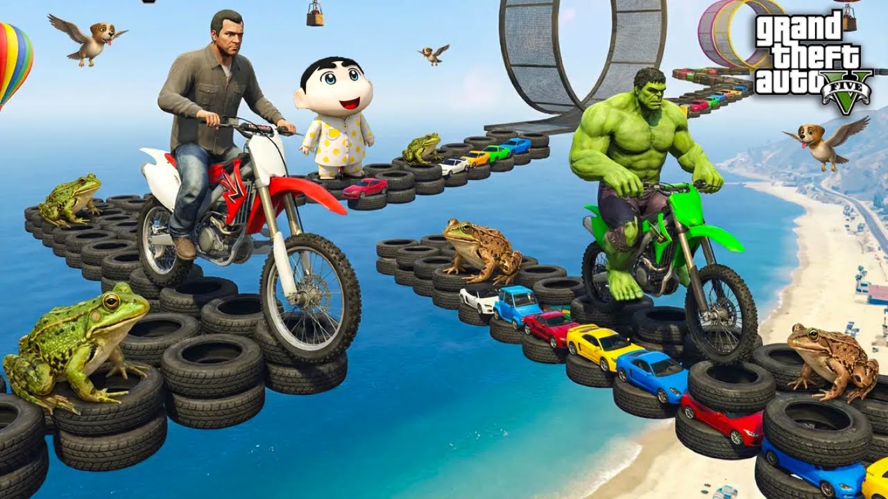 Insane Bike Stunts with Franklin, Hulk & Shinchan in GTA V!
